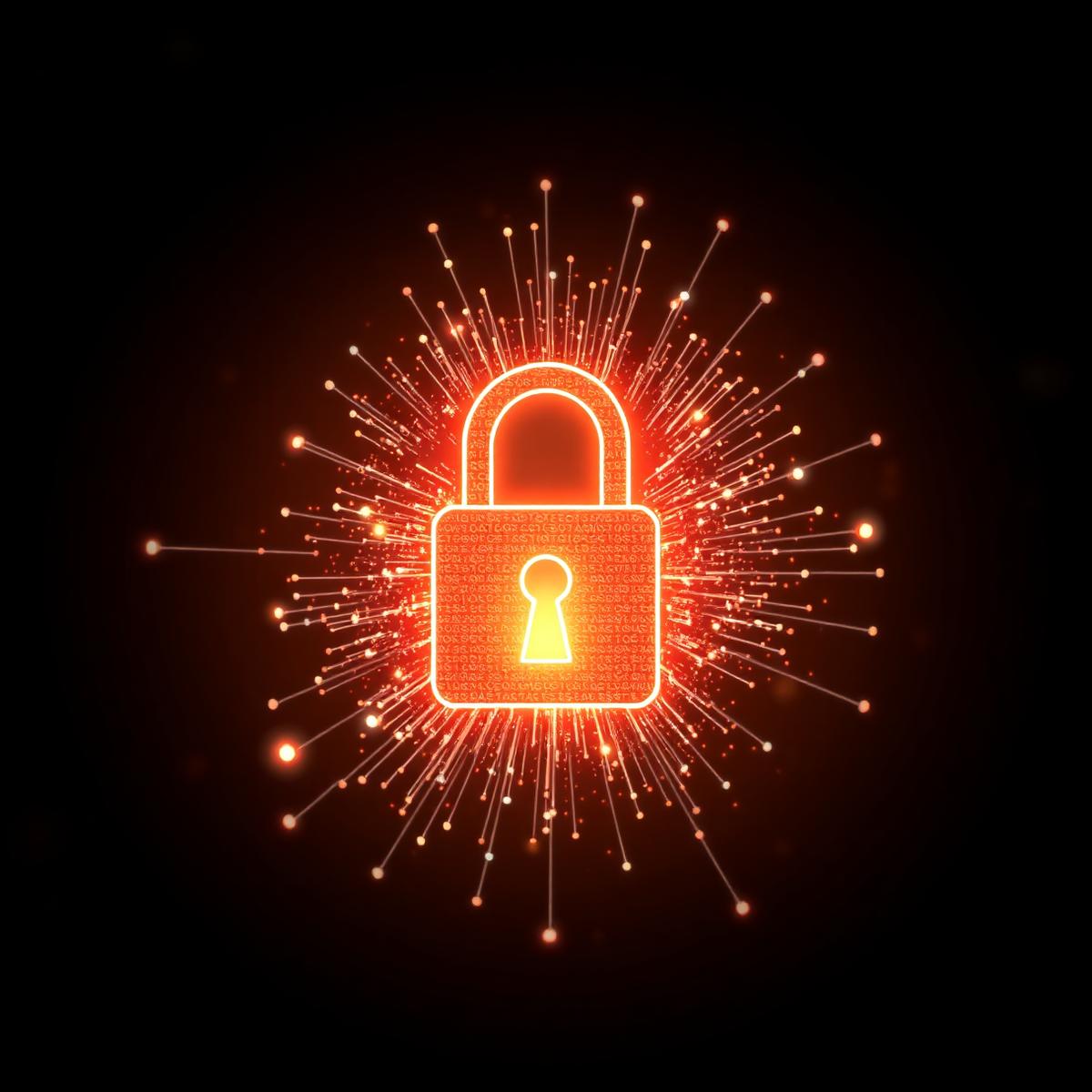 Illuminated padlock made of particle streams representing digital security