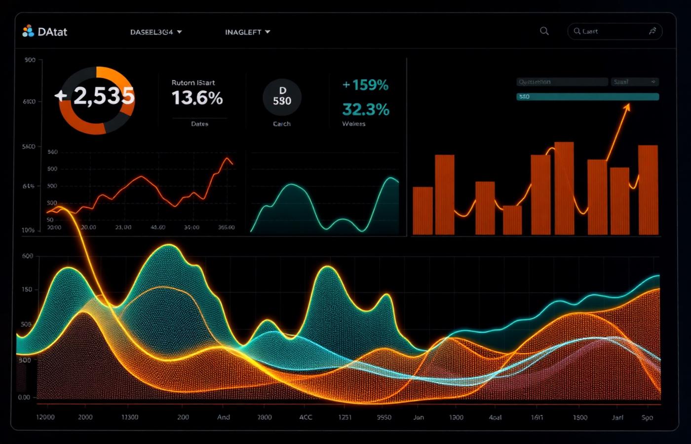 Analytics dashboard visualisation with amber and teal charts on a dark background