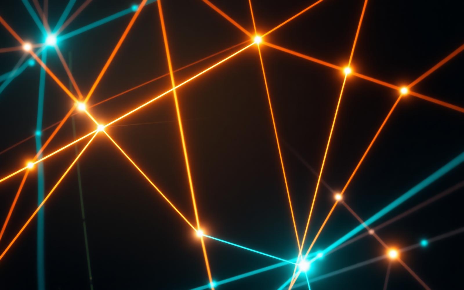 Abstract network topology of luminous amber and cyan lines on a dark background