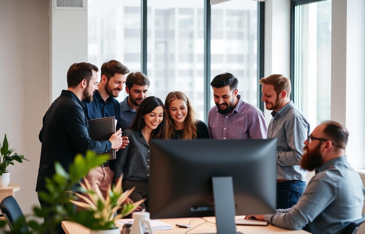 Team of technologists collaborating around a monitor in a bright office